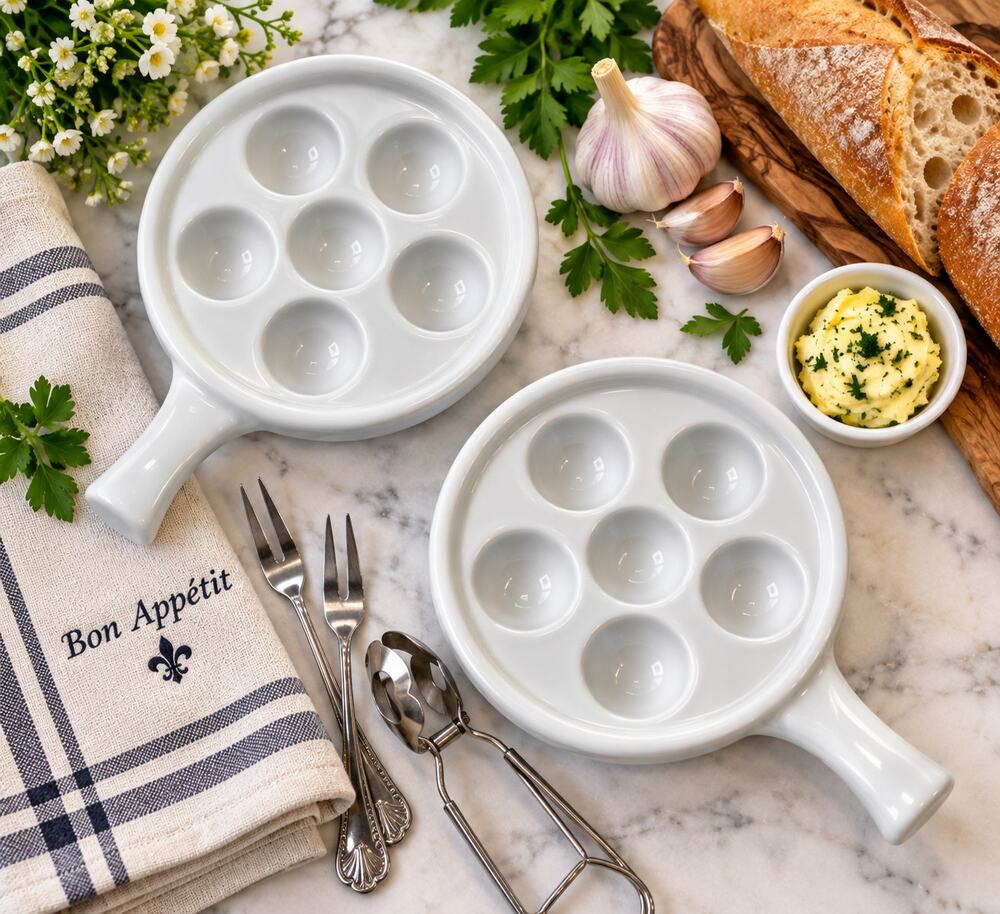 Sur La Table Porcelain Escargot Dishes Set of 2 White 6 Well Handled